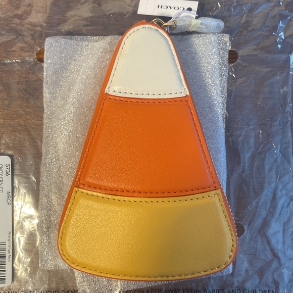 NWT Coach Halloween Candy Corn 5736 Orange Yellow White Leather Zip Coin Pouch - Picture 2 of 9